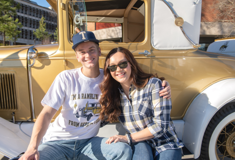 students in front of ramblin' wreck