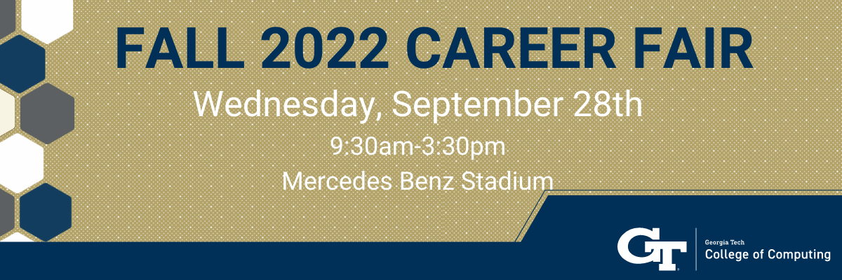 gold box with white and navy text- CoC in person career fair Sept. 28th at 9:30am Mercedes Benz Stadium