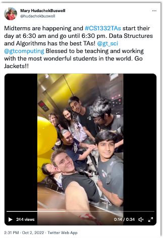 Tweet from @hudachekBuswell about her TAs at Georgia Tech