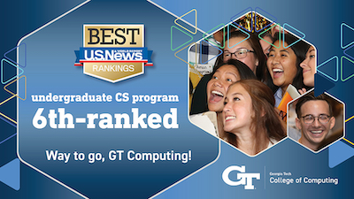A graphic for the US News 2024 Best Colleges No. 6 ranking of Georgia Tech's undergraduate computer science program