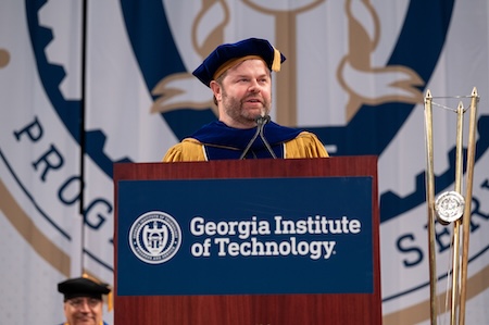 Alumnus and tech entrepreneur Chris Klaus speaking at Georgia Tech Spring 2025 Commencement