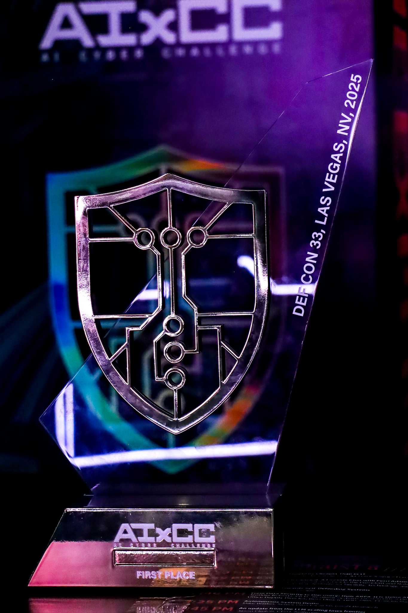 a trophy in a dimnly lit room