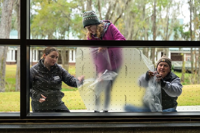 Three volunteers apply bird-safe window film to a window