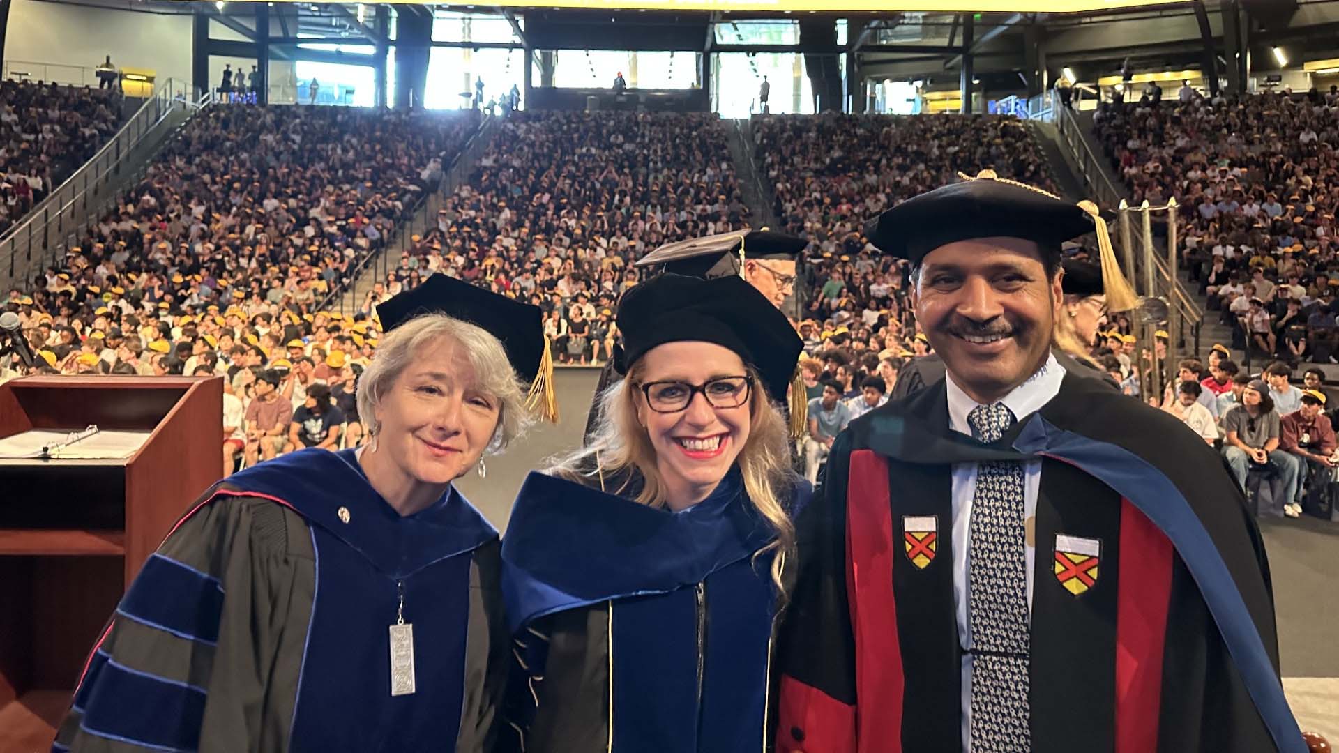 Dean Sarkar (right) welcomes incoming first year students at the 2025 convocation. Photo by Olufisayo Omojokun.