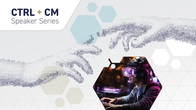 Logo for Georgia Tech's spring CTRL + CM Speaker Series in in Navy Blue and Tech Gold