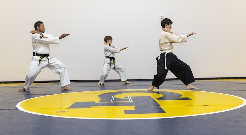 Three students performing sychronized taido moves.