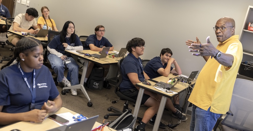 GT Computing Assistant Dean for Outreach Cedric Stallworth (right) is a longstanding advocate of sharing the creative side of computing with high school students.