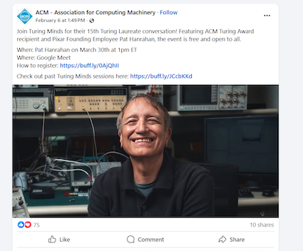 Screenshot of ACM promo of the final session of the Turing Minds Series at Georgia Tech on march 30
