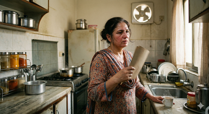 A Pakistani woman experiences hot flashes while in the kitchen