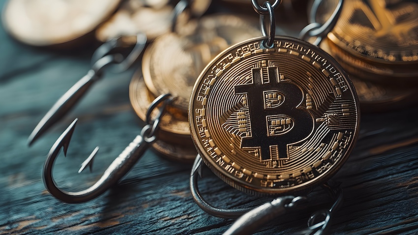 Adobe Stock image: golden bitcoins with sharp fishing hooks illustrating threats to crypto and DeFi