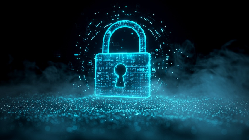Adobe Stock graphic of simulated cyber padlock digitized and glowing screen blue