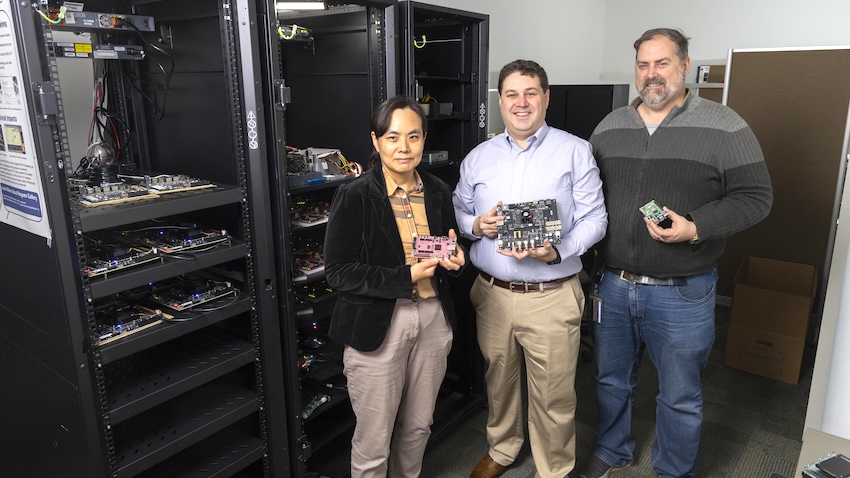 CRNCH Co-Director Hyesoon Kim, Rogues Gallery Director Jeff Young, and research technologist Will Powell in the Rogues Gallery. Photo by Chris McKenney