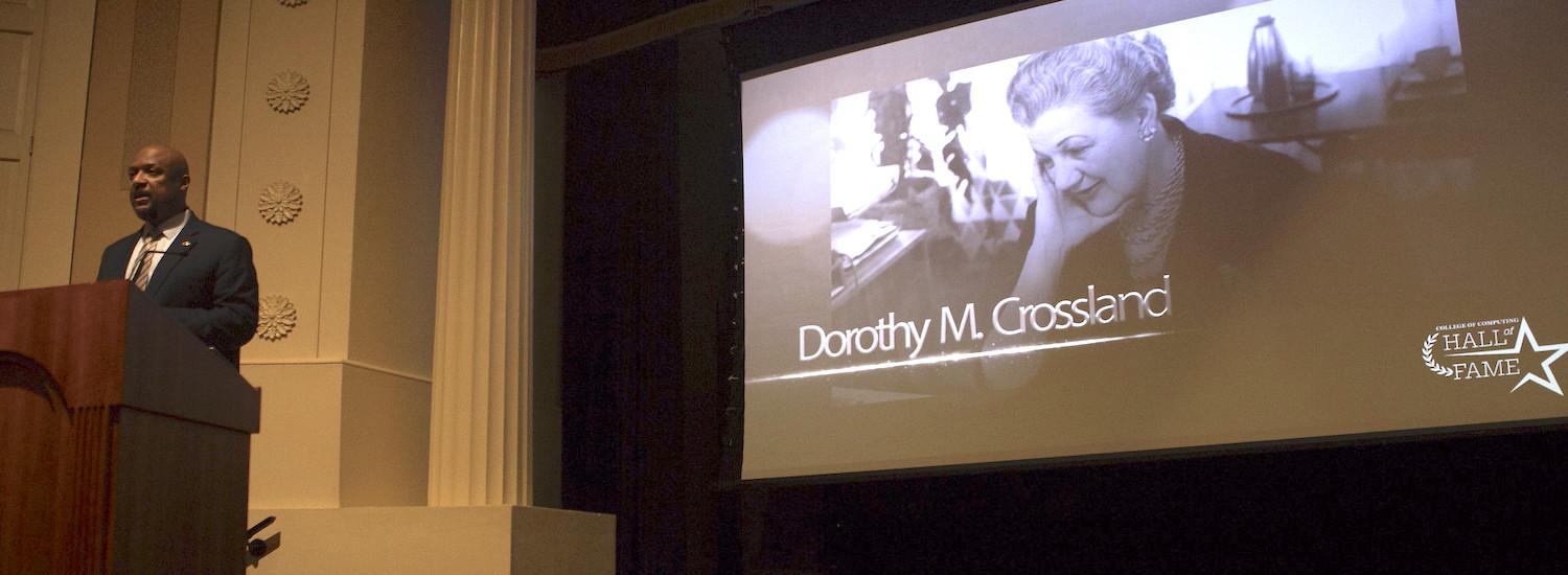 Georgia Tech Dean of Computing Charles Isbell at podium during College Hall of Fame event