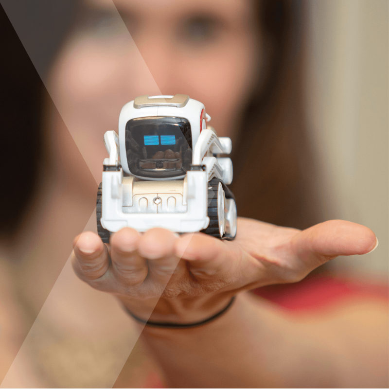 Researcher holding a robot in her hands