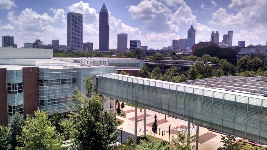 Atlanta skyline seen from the Georgia Tech College of Computing with Binary Bridge in foreground
