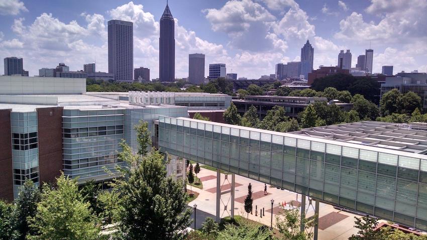 Atlanta skyline with Georgia Tech College of Computing Binary Bridge in foreground