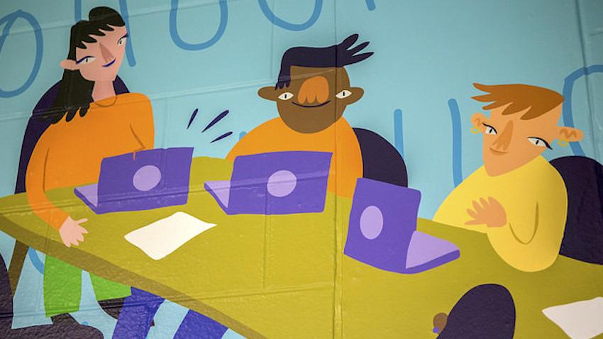 Colorful cartoon students working with laptops, part of a mural at the Georgia Tech COllege of COmputing