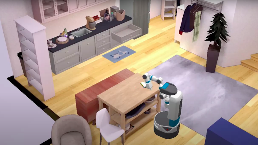 In a simulation, a robot performs a task on a kitchen counter