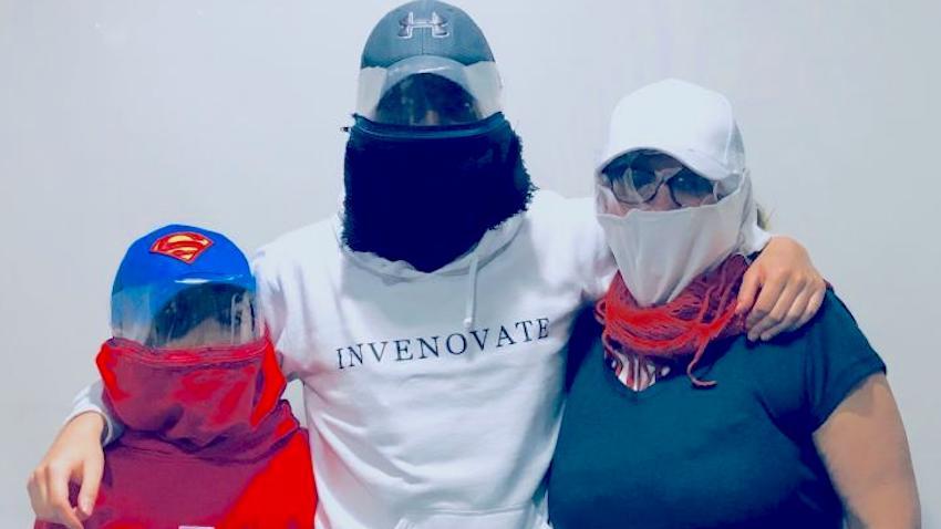 three people wearing DIY hybrid face shield masks