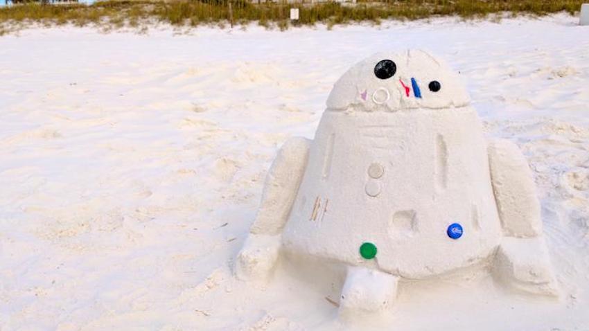 R2D2 made of sand on the beach