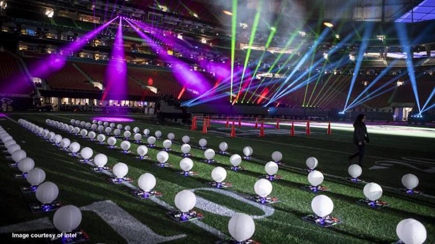 Illuminated drones on field ahead of Super Bowl LIII Halftime Show