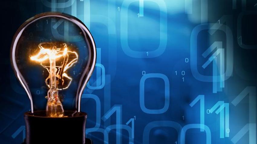 Graphic with light bulb and binary code in blue background