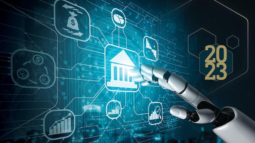 conceptual graphic depicting AI's influence in finance, manufacturing and other industries