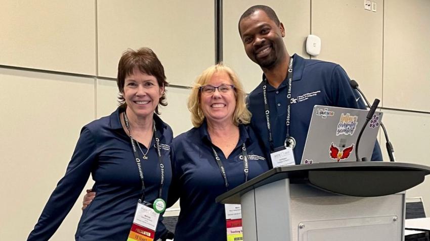 SCI Senior Lecturer Melinda McDaniel, Associate Chair Mary Hudachek-Buswell, and Inaugural Chair Olufisayo Omojokun hold 'Birds of a Feather' discussion on teaching assistant programs at the SIGCSE conference.