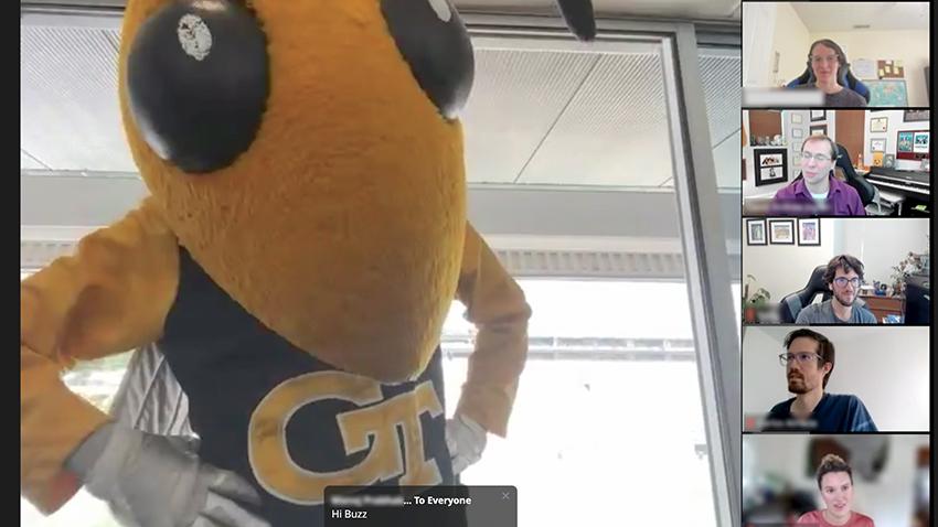 Screenshot from OMSCS new student welcome week Zoom session with Buzz, Georgia Tech mascot