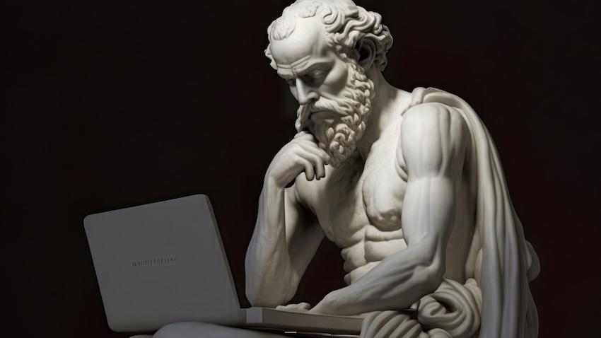 AI-generated image of Socrates, sculpted in marble, looking at his laptop