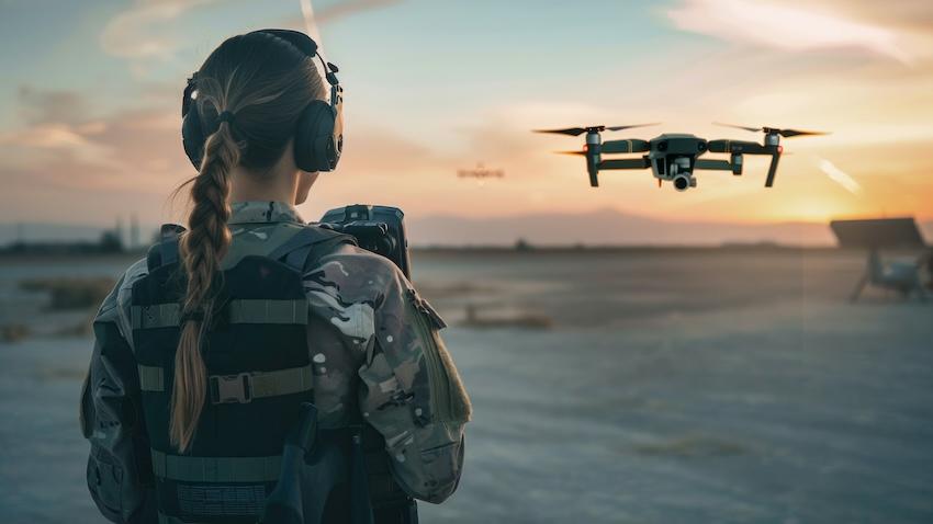 Adobe Stock image of a military woman remotely operates a drone