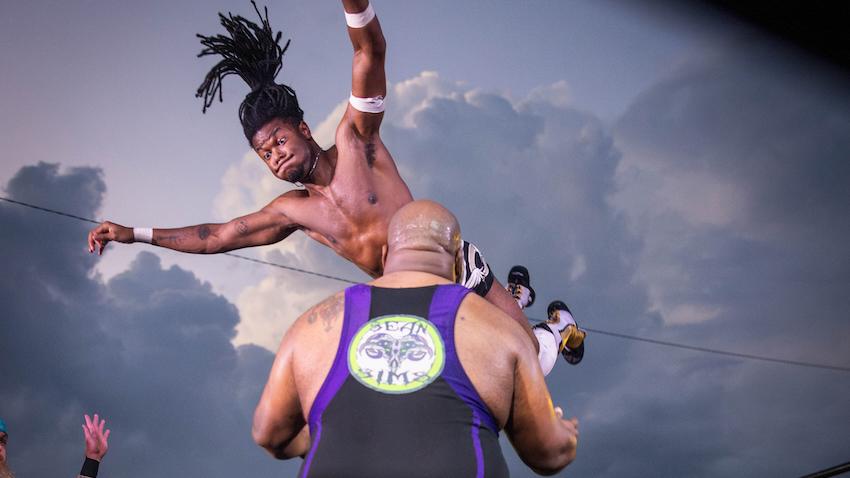 Wrestler flying through the air action independent wrestling photo by Kevin Beasley
