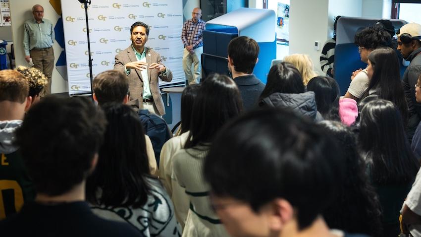 Georgia Tech Dean of Computing Vivek Sarkar talks with students during a Donuts with the Deamn session in 2026