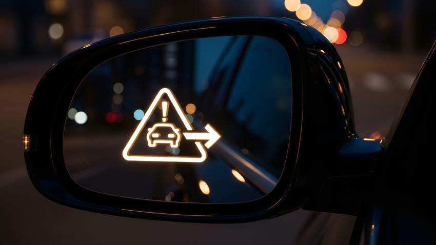 A photo of a car's rearview mirror with an alert in the middle of the mirror. 