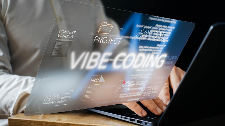 A man typing on a computer with a screen hovering over the man's hands. The screen says "Vibe Coding"