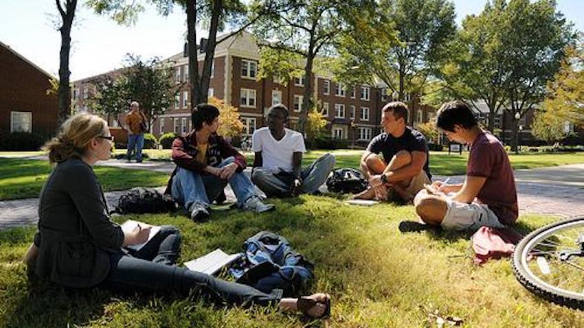Students sit in a group on the grass on a college campus.