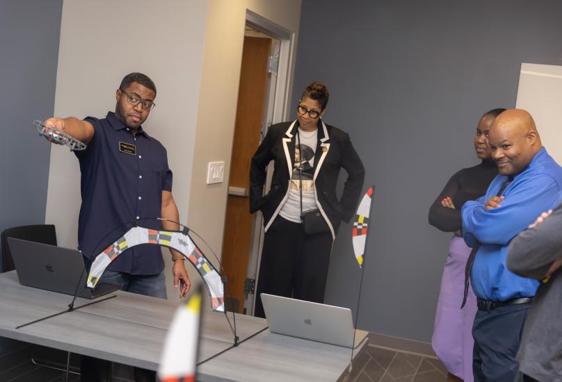 Constellations Fellow, Terry Foster showing teachers a coding demonstrations with drones