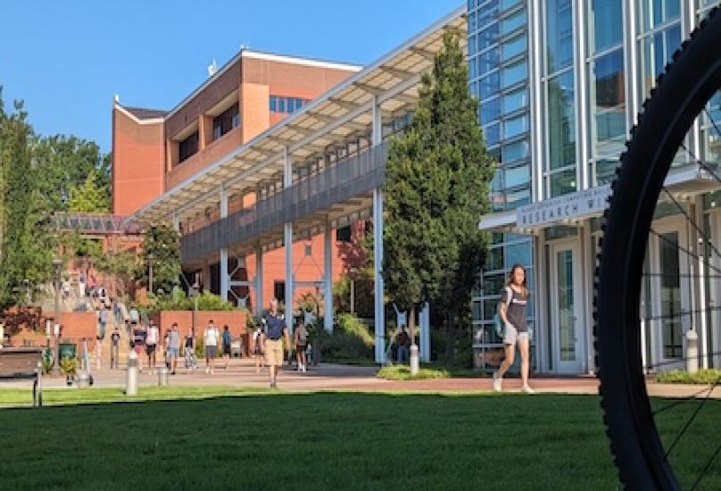 Exterior of Georgia Tech's College of Computing with Binary Bridge