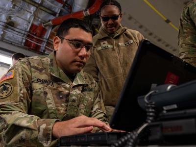 U.S. Army soldiers work on a mission.