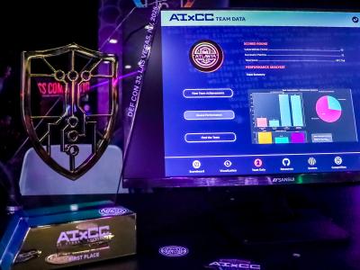 A trophy next to a virtual scoreboard. The scoreboard has virtual stats from the AIxCC competition. 