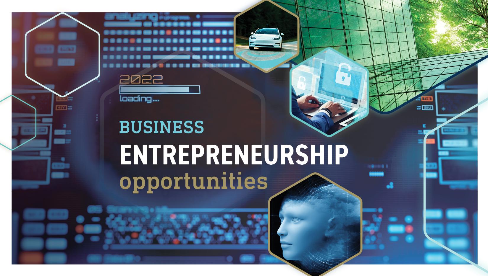 Graphic supporting Georgia Tech College of Computing article titled, Experts Identify Key Opportunities for Tech Entrepreneurs in 2022