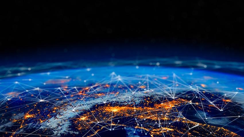 View of Earth from space visualizing network connections
