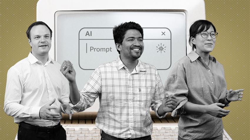 graphic showing researchers with a computer behind them