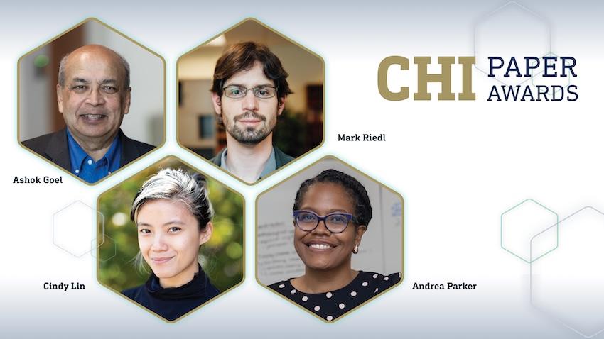 Graphic with headshots of Ashok Goel, Mark Riedl, Cindy Lin, Andrea Parker