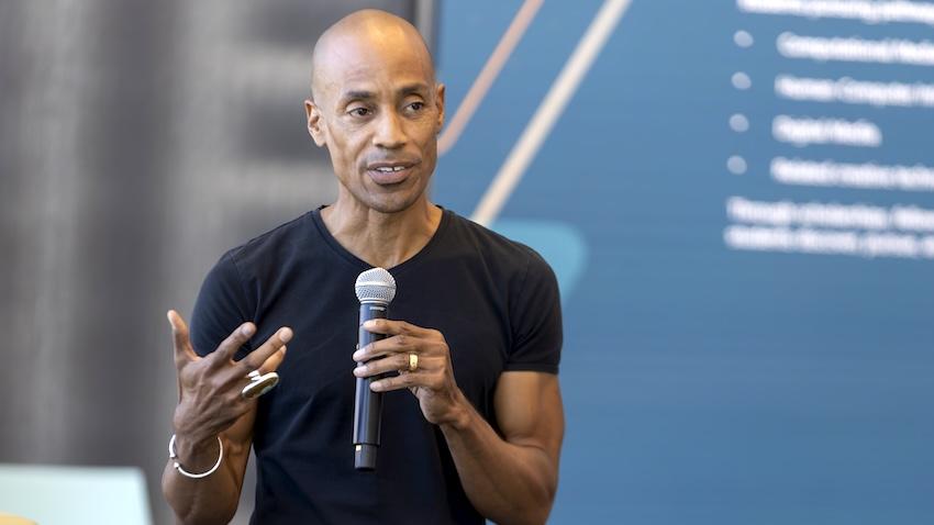 Candid photo of Georgia Tech's Kamau Bobb speaking during a campus event in 2026.