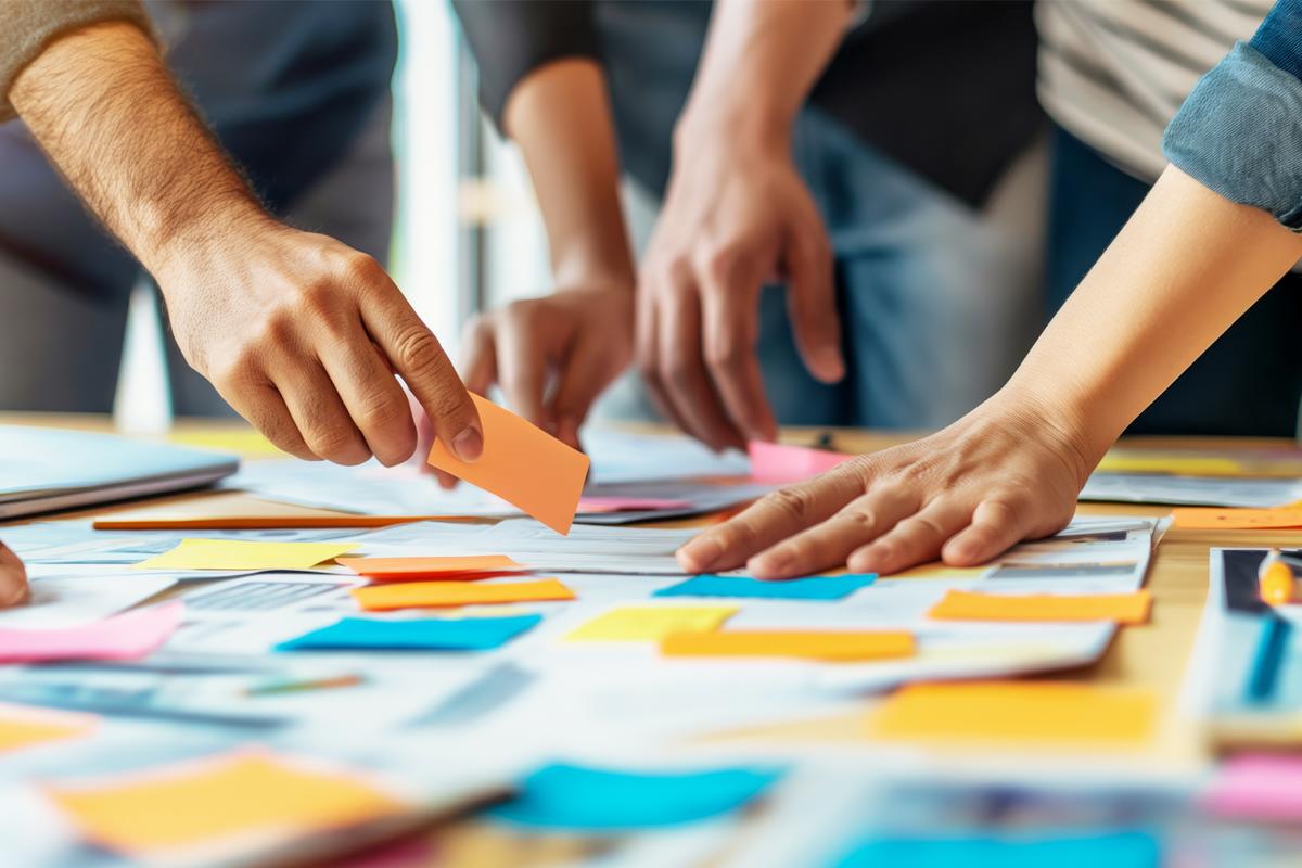 A team's hands moving paper around on a table